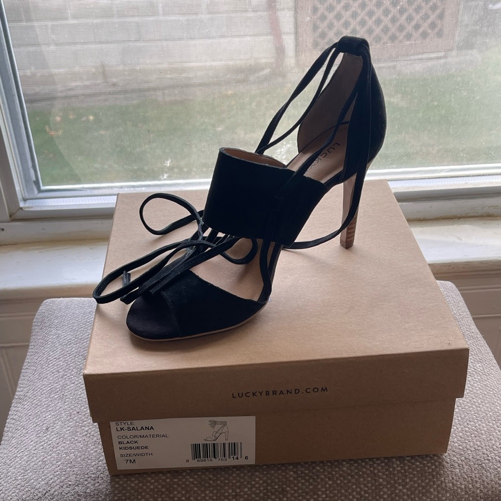 Lucky Brand  suede open toe tie up shoe. Brand new in box  never worn.